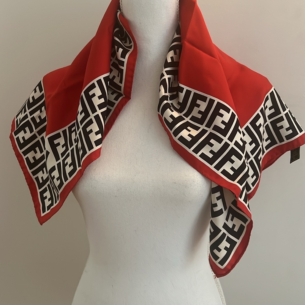 Fendi Red and Black Logo Scarf 25”x25”